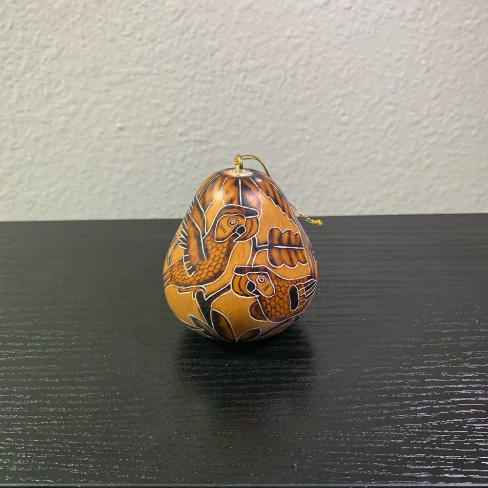 Lucuma Hand Carved Gourd Hanging Ornament Peruvian Folk Art Birds Peru